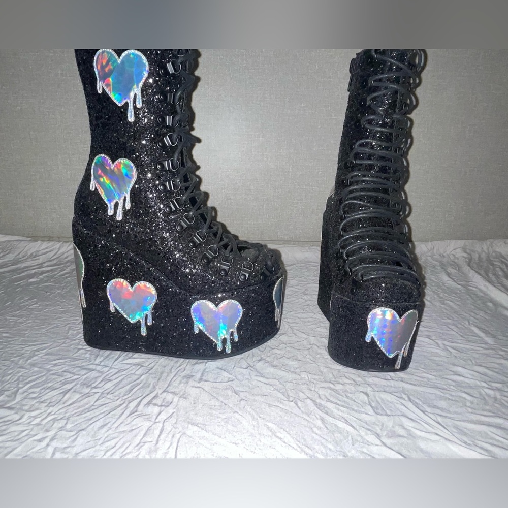 YRU Holographic Heart Glitter Platform Boots